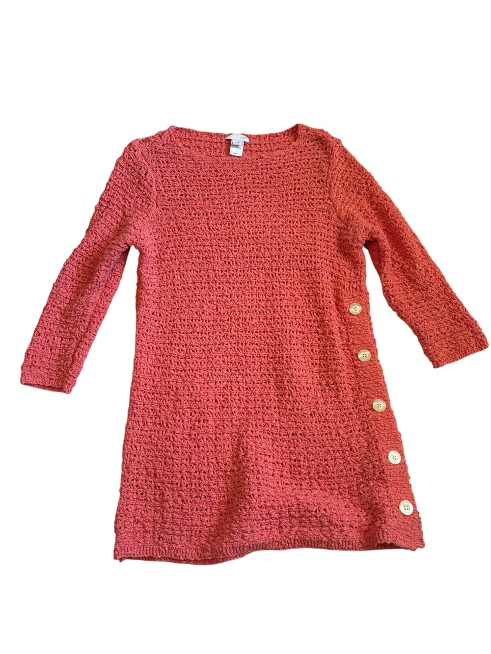 J.Jill Open-Stitch Side Button Sweater Tunic S Shrimp Coral 100% Cotton